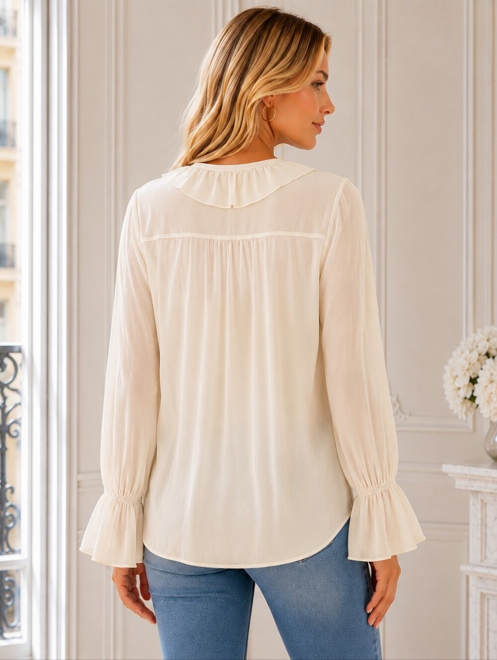Victoria's Secret Sheer Ivory Ruffle Blouse | Tie-Neck | Size S *(Fits S-L) - Picture 2 of 8